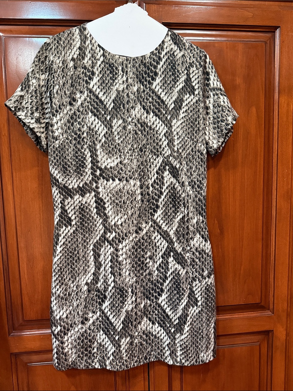 Snake-Print Short Sleeve Shift Dress in Black & Cream